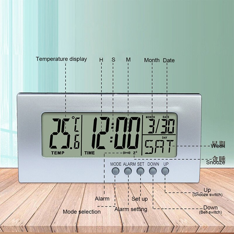 LCD Digital Alarm Clock 12/24H Alarm Clock Date Temperature Display for Bedroom Table Decor