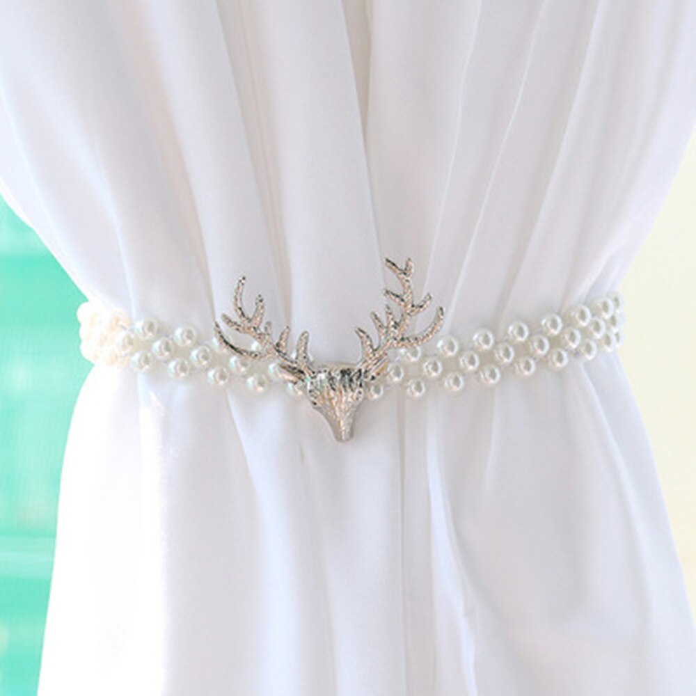 Curtains Easter Pearl Elk Buckles Window Stretchable Leaves Decorations Golden Accessories Strap Modern Feather Tieback Home: silverpearl deerhead