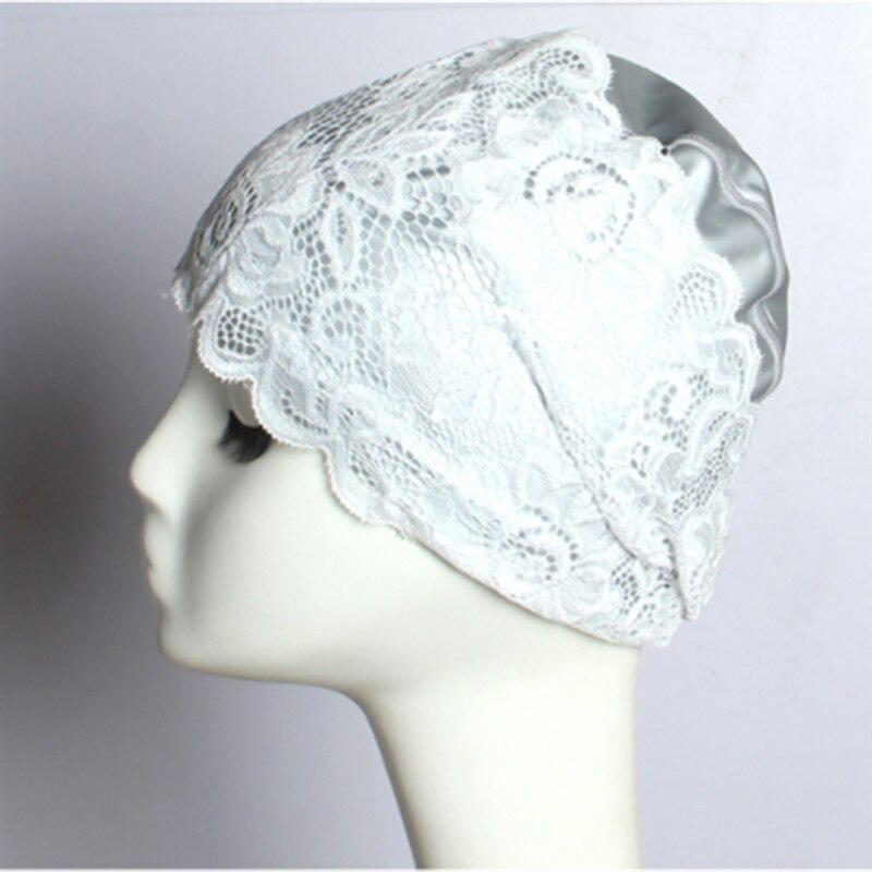Badmuts voor dames, badmuts met kant, bloemen, waterdichte pu-coating, badmutsen voor zwembaden, beschermen lang haar en oren voor vrouwen: Grijs