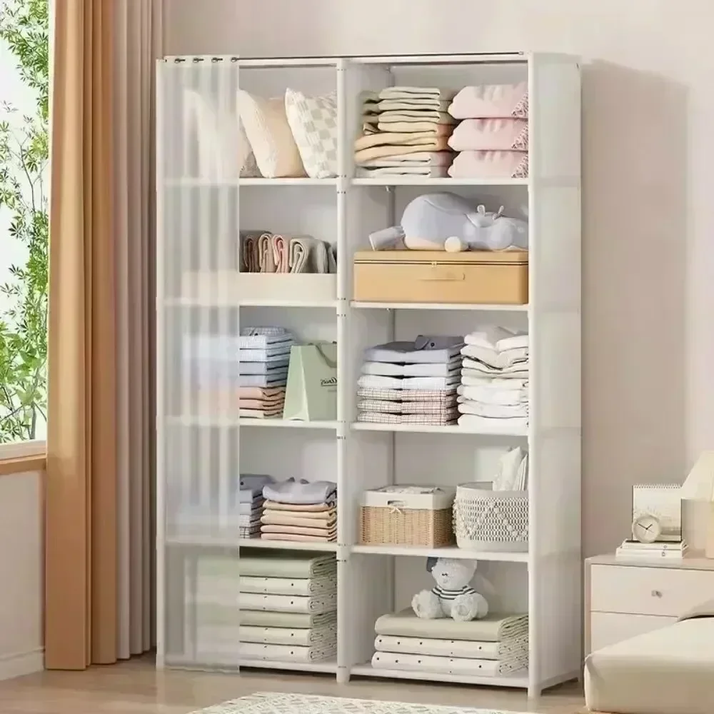 Armoire de rangement anti-poussière pour chambre à coucher T1 avec rideaux, bibliothèque simple, armoires multicouches, grande capacité