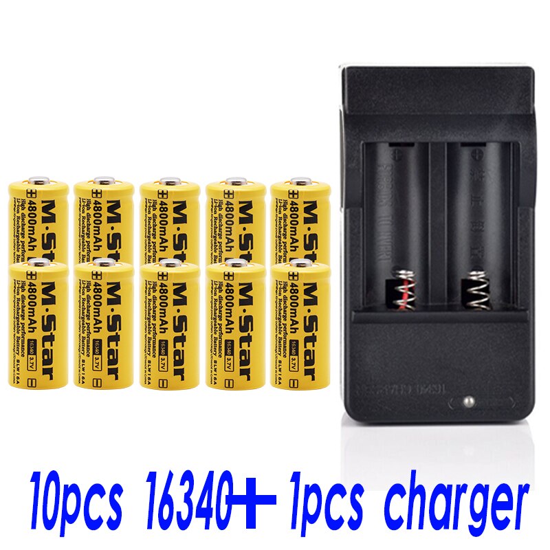 4800mAh rechargeable 3.7V Li-ion 16340 batteries CR123A battery for LED flashlight wall charger, travel for 16340 CR123A battery: 10pcsandcharger
