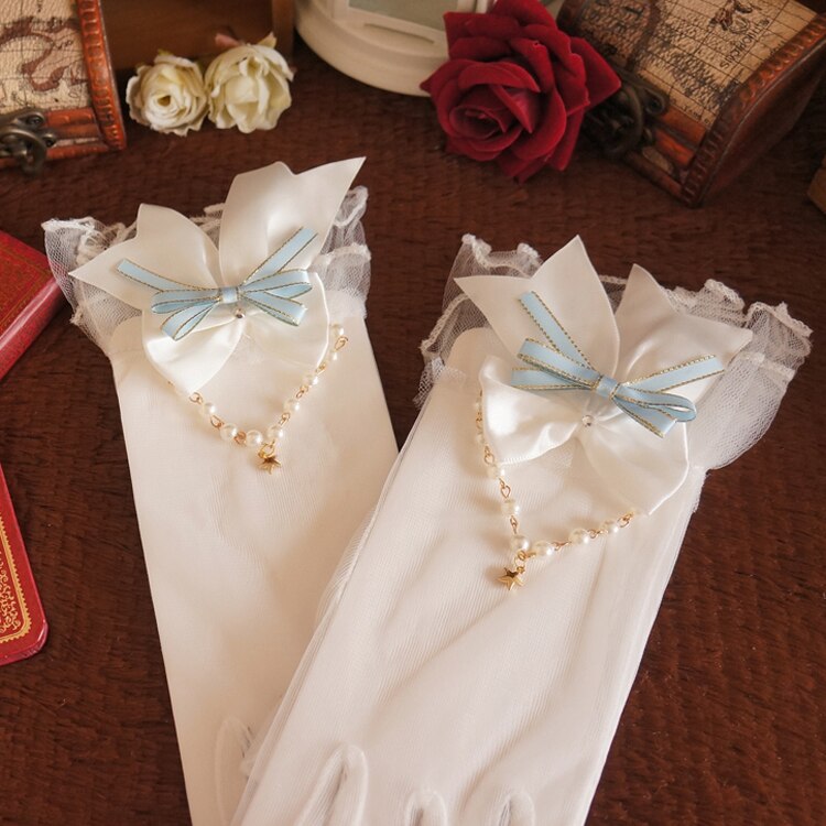 Gants en dentelle pour filles, magnifique collier de perles, cœur Lolita, maille, nœud perlé: Light Blue