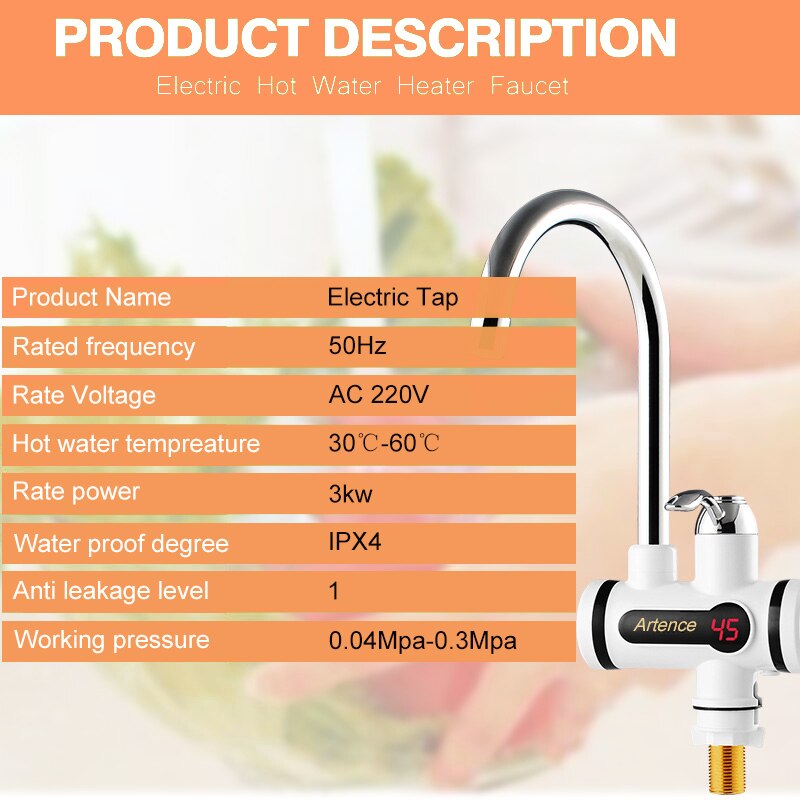 ARTENCE Electric Kitchen Water Heater Tap Instant Water Faucet Heater Heating Faucet Tankless Instantaneous Water Heater