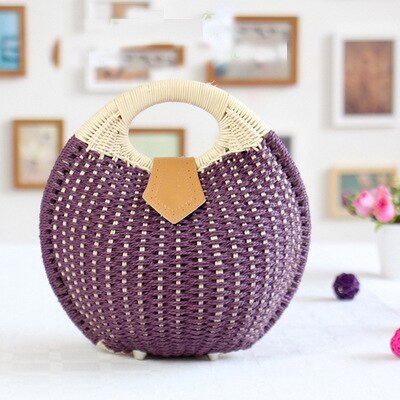 Bolso de mimbre hecho a mano para mujer, En forma de concha de mano de mimbre bohemio Bali, de , para verano: Purple