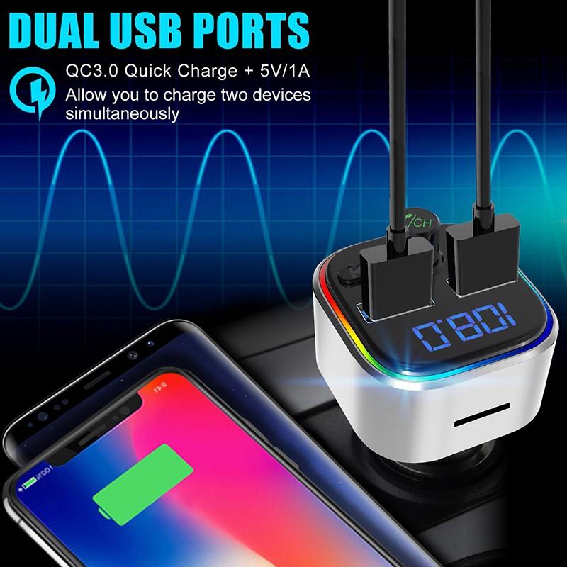transmisor FM coche Bluetooth modulador FM con luz colorida reproductor MP3 sin pérdidas coche QC 3,0 adaptador de receptor de cargador rápido