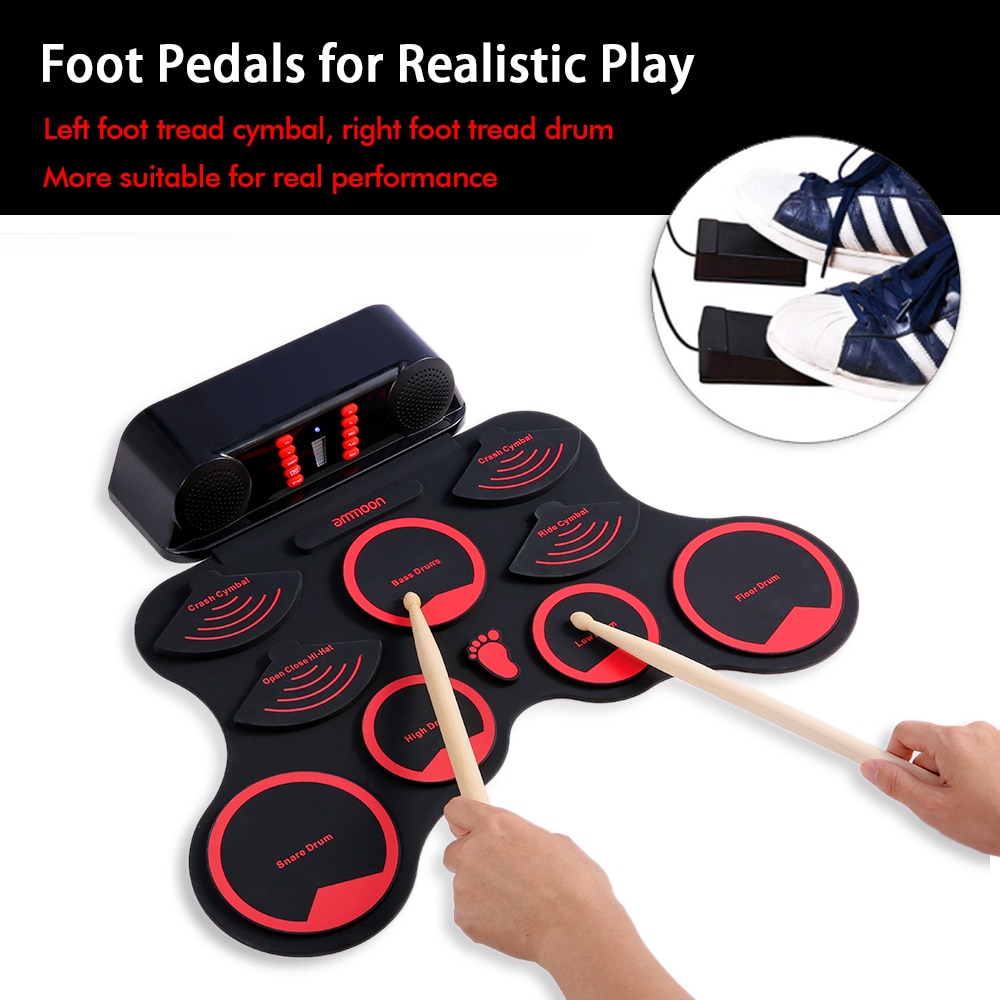 A Series of USB Roll-Up Silicon Drum Set Digital Electronic Drum Kit 7 Drum Pads with Drumsticks Foot Pedals for Beginners