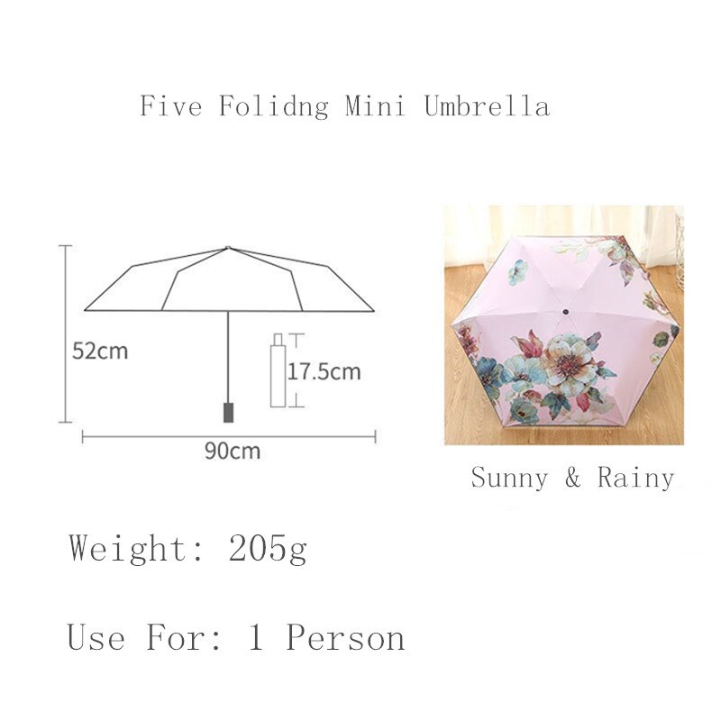 Sombrilla plegable ultraligera con Floral para mujer, paraguas plegable con cinco pliegues, protección solar, UV