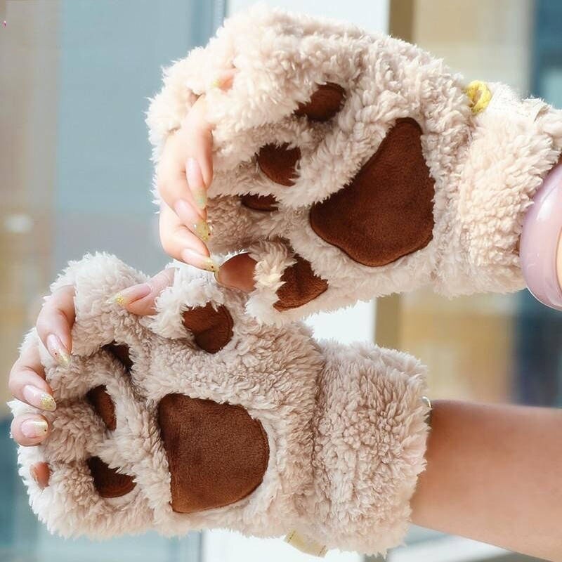 Guante de felpa de garra zarpa de gato para mujer, cálido, para invierno, guantes de medio dedo, guantes de mujer