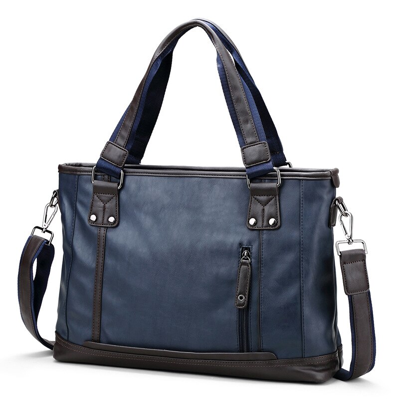 Brand Casual Men Briefcase Leather Business Bag Vintage Travel Men&#39;s Shoulder Messenger Bags Computer Laptop Bags: Blue