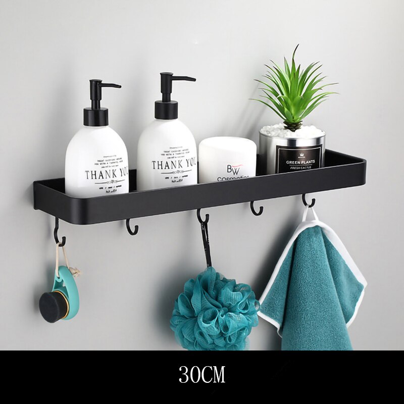 Badeværelseshylde sort plads aluminium enkeltlags rack bad shampoo holder vægmonteret køkken stroage hylde med håndklæde bar krog: Type c