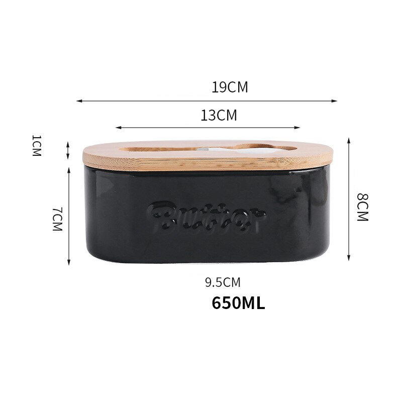 Plato de cerámica para mantequilla con tapa, contenedor de mantequilla con tapa de madera, con cuchillo, bandeja, plato de queso, 650ml: Black