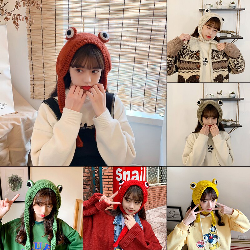 Cute Big Eyes Frog Hat Woman Woolen Knitted Hat Outdoor Hat Short Winter Children Long Hat Korean Student Hat Christmas