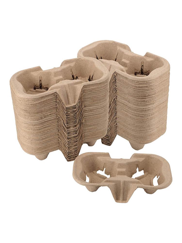 50pcs Disposable Pulp Cup Holder 2/4 Cup Drink Carrier Biodegradable Cup Holder Takeout Coffee Cup Holder for Takeaway Shops