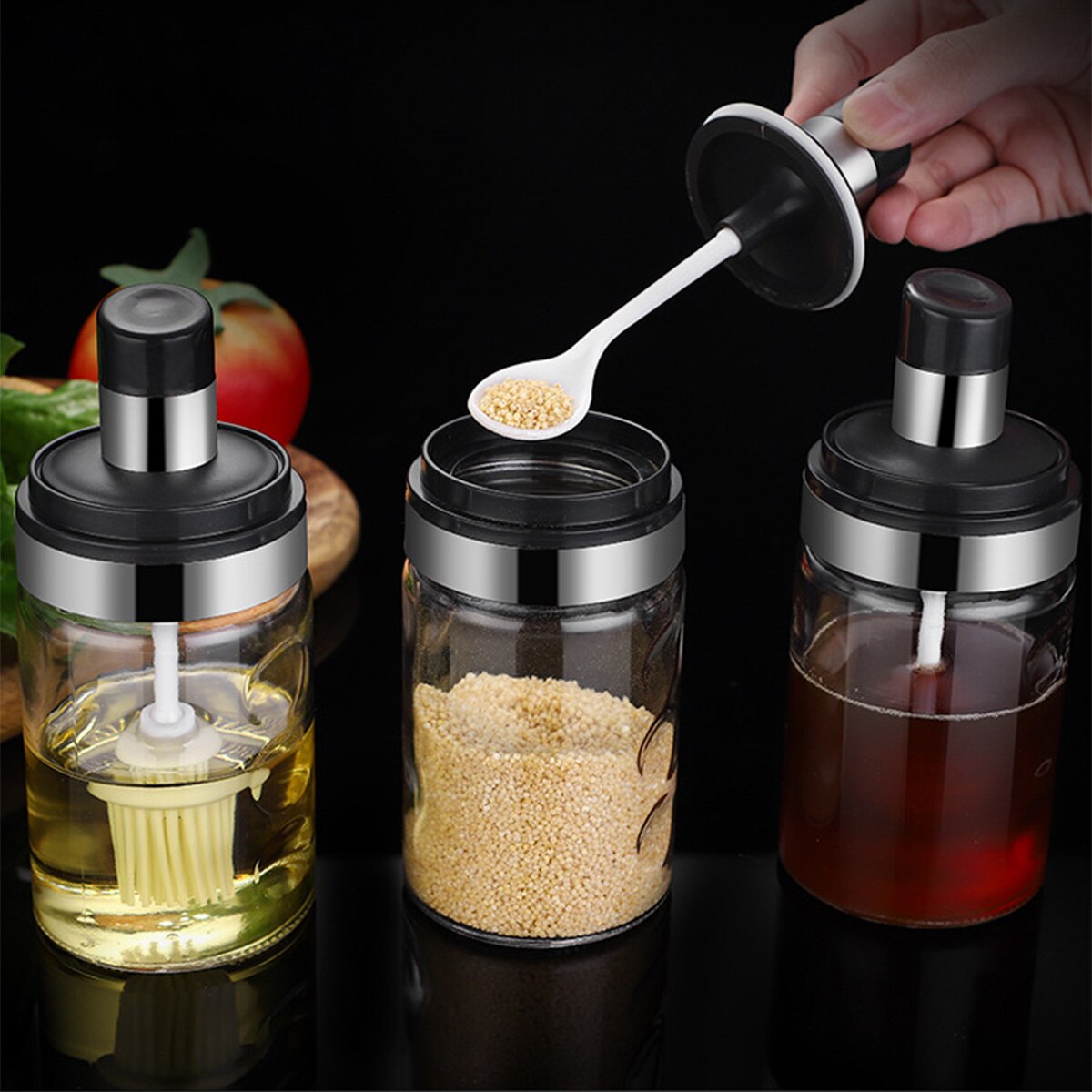 1pc Glass Airtight Jar Spice Containers Bottle Condiment Salt Pepper Seasoning Storage Bottle Spice Jars Pot with Spoon Lid