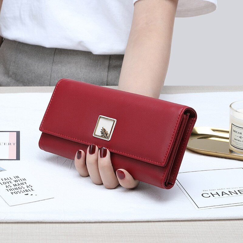 Mærke kvinder tegnebøger pu læder taske lang telefon tegnebog blade pose håndtaske til kvinder mønt pung kortholder kobling: Rød