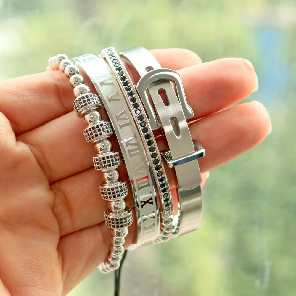 4 pièces/ensemble hommes chauds titane acier chiffre romain Bracelet fer à cheval boucle bracelets Pulseira Bileklik luxe bijoux faits à la main: A Set of Steel