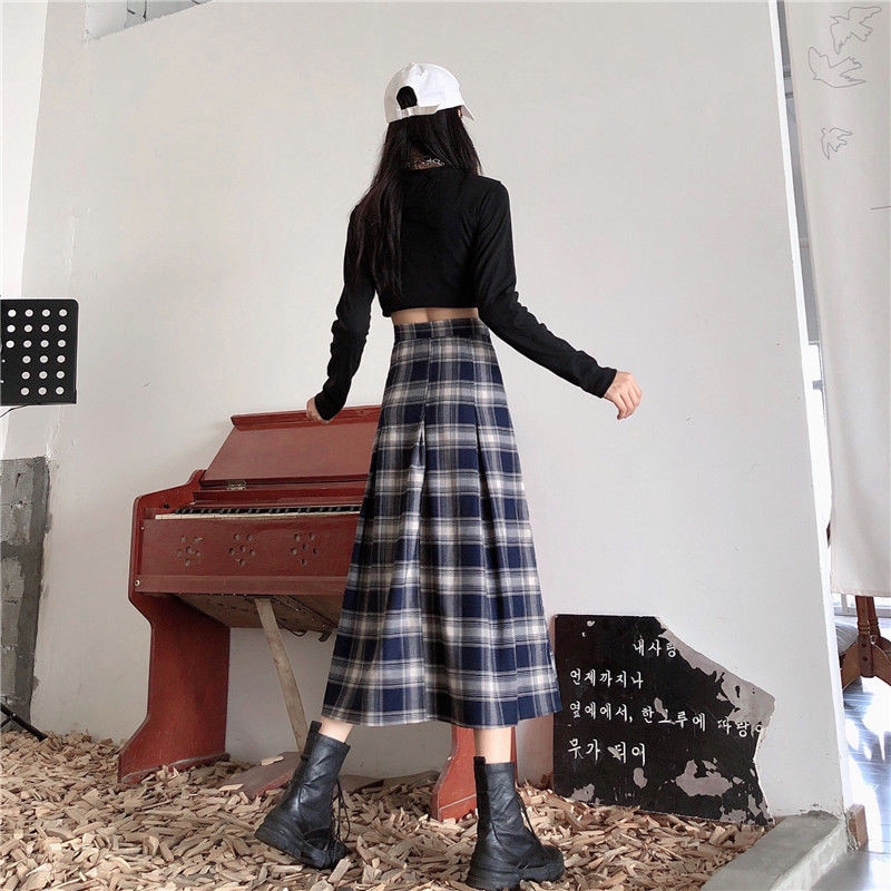 Vår sommar gotiska långa rutiga kjolar vintage dam midi plisserad kjol korean harajuku punk tjejer a-line kjol kläder saia