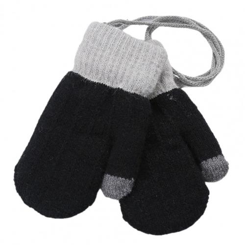 Kids Winter Double Layer Dikke Warm Volledige Vinger Stiksels Gebreide Handschoenen Wanten: Black