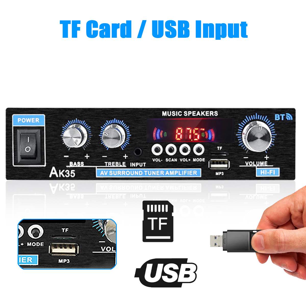 AK35 800W Home Car Amplifiers 2 Channel bluetooth 5.0 Surround Sound FM USB Remote Control Mini HIFI Digital Amplifier Stereo