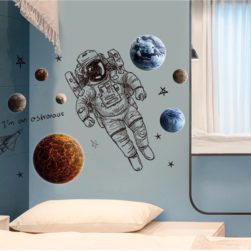 Muurstickers met noordse astronauten, decoratieve stickers met ruimteplaneten, muurstickers voor de babykamer, muurstickers voor thuisdecoratie, sterrenstelsel, p