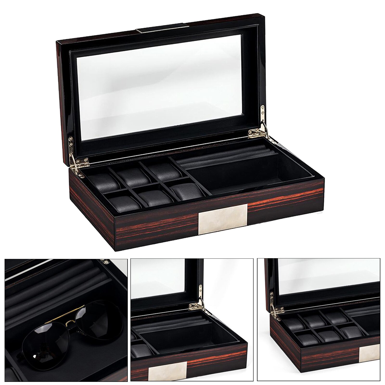 Horloge Box- Display Case & Organizer Voor Mannen Sieraden Horloge Houder 6 Horloge Slots & Brillen Slots Voor Zonnebril ringen