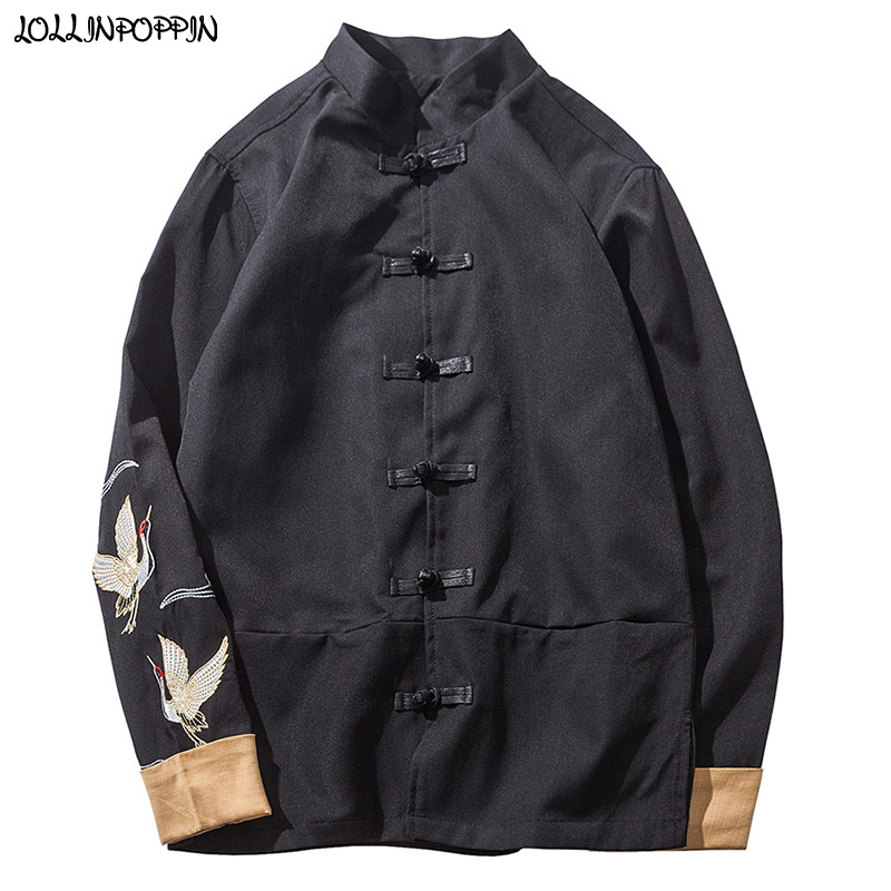 Red-Crowned Crane Embroidery Men Black Tang Jacket Chinese Style Mandarin Collar Mens Suit Jacket Frog Closures Man Coat