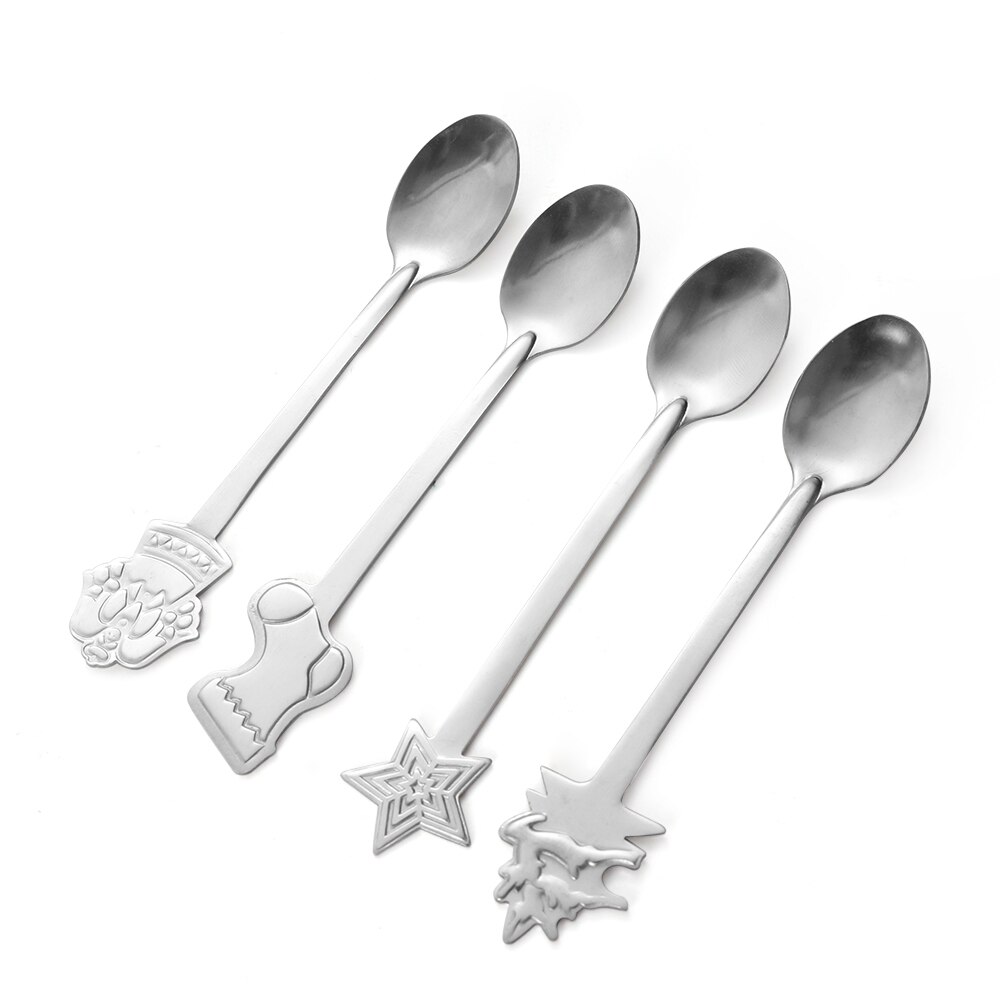 4 stk/sæt rustfrit stål juletema snemand juletræ sokker kaffeskeer is desserter ske drikke te kugler