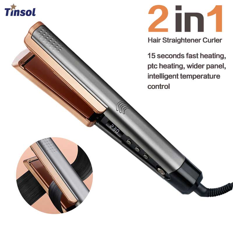 Plancha de pelo 2 en 1, ionizador rizador con Panel ancho LCD, plancha de pelo de cerámica con temperatura ajustable
