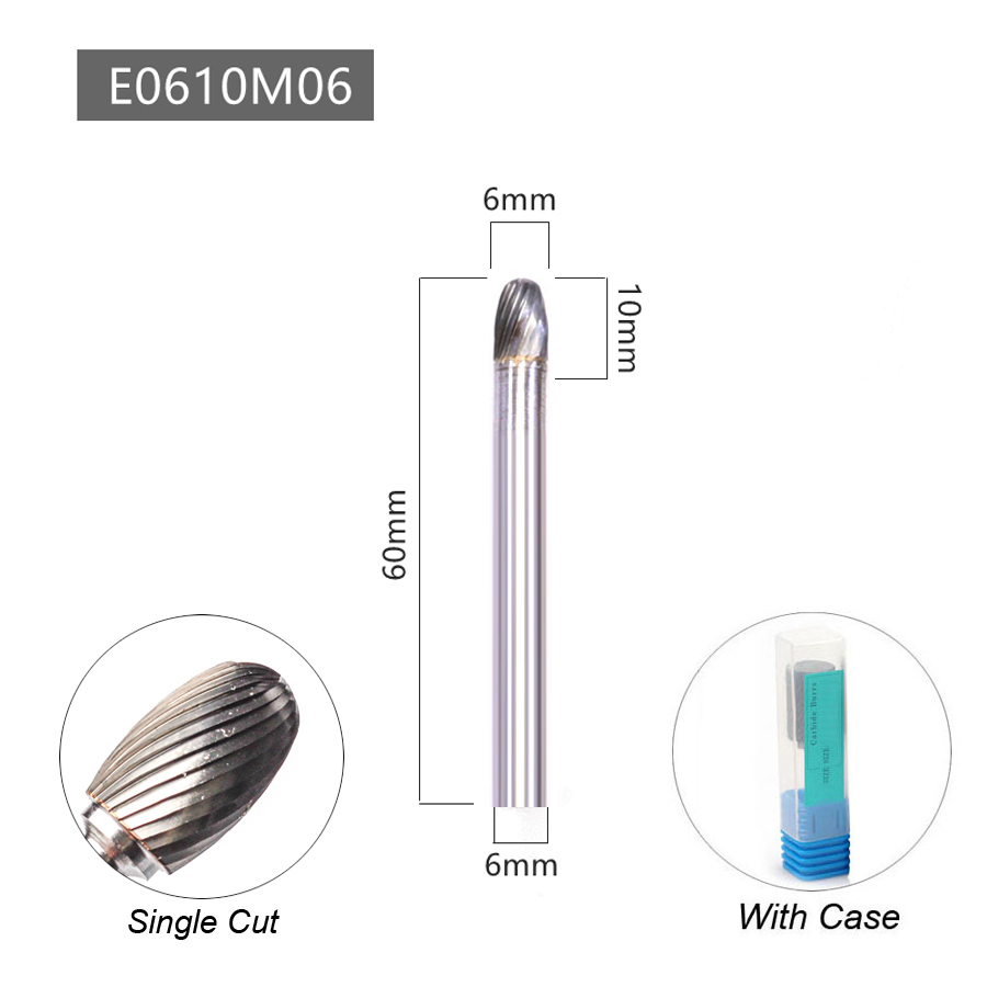 Oval Shape E 6mm 1/4 Shank Mould Carving Tools Tungsten Carbide Rotary File Burr Milling Cutter CNC Engraving for Metal Steel: Single Cutter 6x6mm
