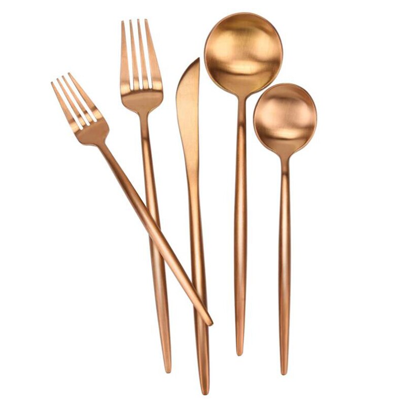 5 Stks/set Matte Rose Goud Zilver Ware Set 304 Roestvrij Staal Bestek Steak Mes Vork Lepel Dessertlepel Set