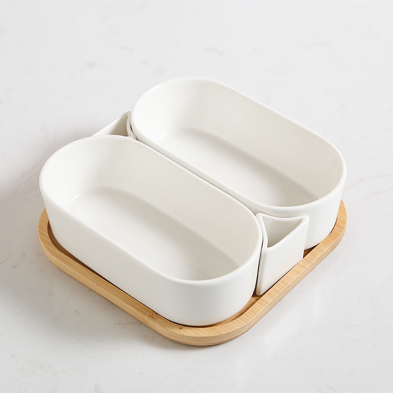 Ceramic Plate Snack Tray with Wooden Cover Wooden Pallets Fruit Plate Salad Bowl Snack Platter Dried Fruit Plates Dim Sum Dish: 2 grid with tray