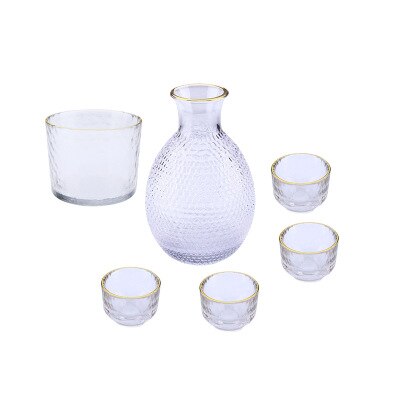 Japanese Sake Pot Set Golden Edge Glass Sake Bottle Set Rice Wine Vodka Wine Cup Flasks Liquor Glasses Barware Wedding: Gold 6Pcs