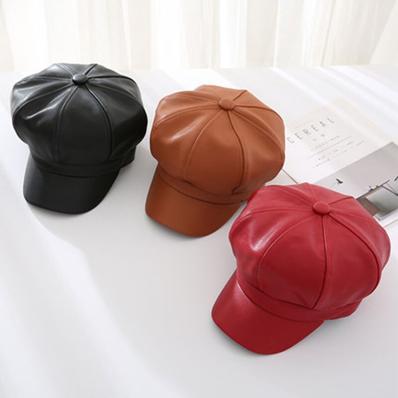 Boina de cuero PU para hombre y mujer, gorra de pintor de Color sólido Retro Para otoño e invierno TC21
