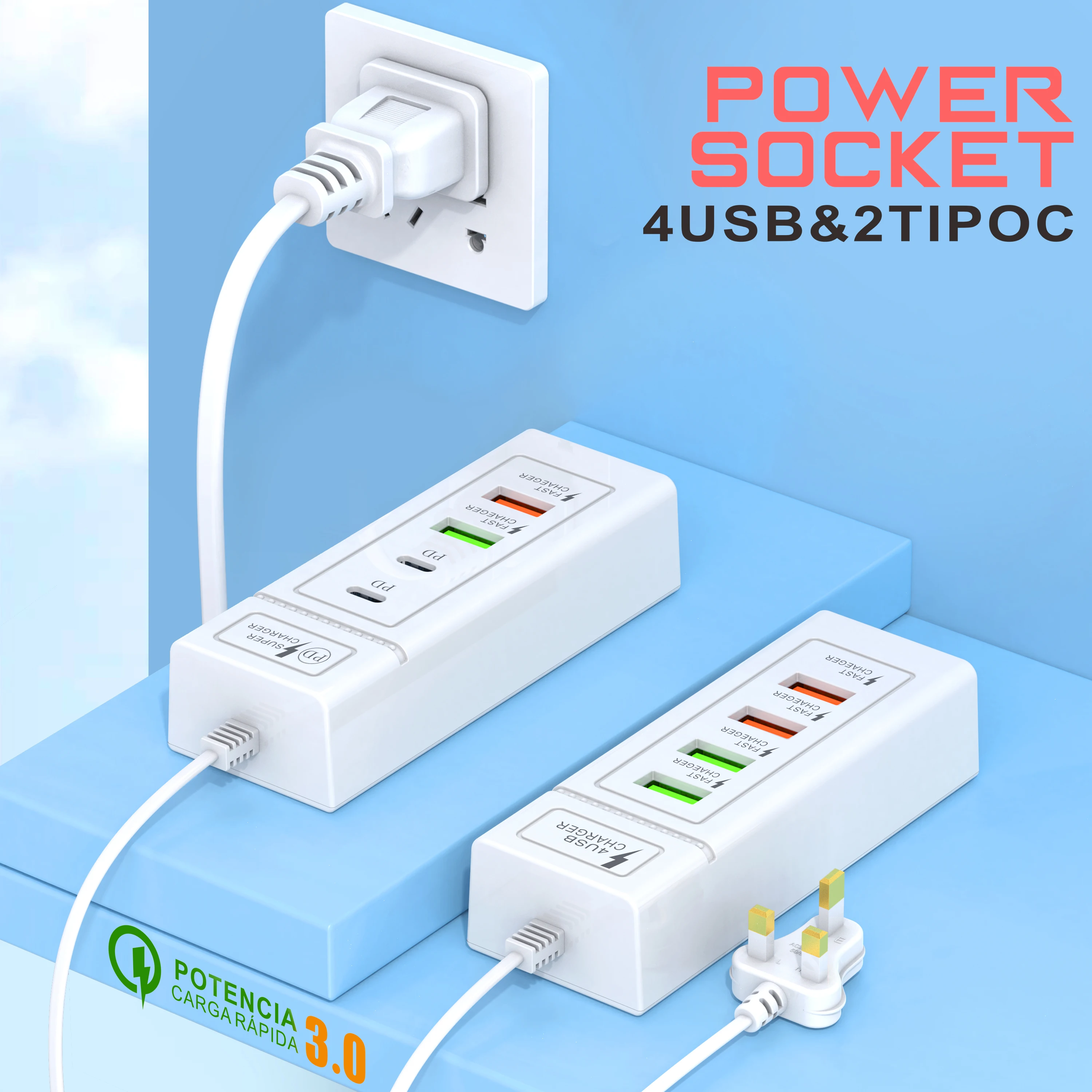 4- porters usb c hurtigladende reiselader med 1m kabler multiporter type c vegglader eu/us/uk plugg pd strømadapter lader