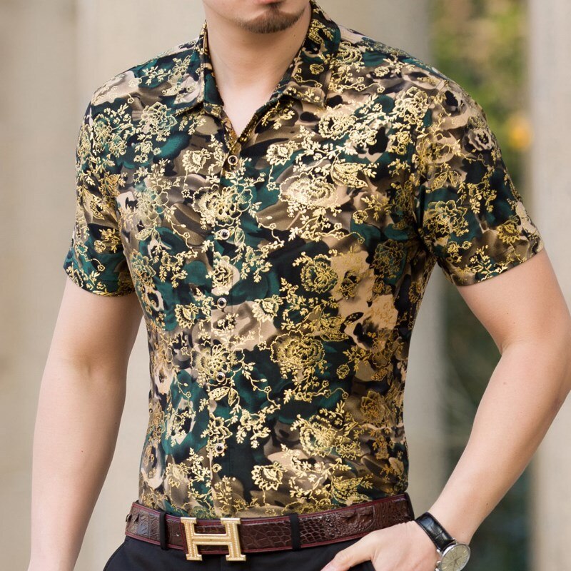 Hawaiian Casual 80% Silk Shirt Men Short Sleeve Both Sides Print Chinese Dragon Nation Flower Beach Summer Clothes: 925 BLUE / M FOR 160 CM 60KG