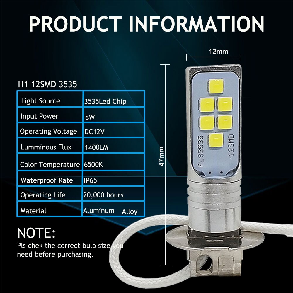 2 stk  h1 led pære super lyse 12 stk 3535 smd bil tågelygter 6500k drl  h3 led dagslampe køredagslampe auto 12v 24v hvid