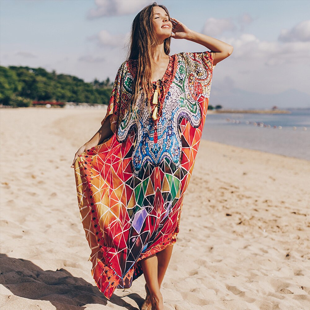 Bohemian geprinte strand maxi-jurk snel drogend lange tuniek dames strandbedekking v-hals vleermuismouwen oversized strandkleding kaftan