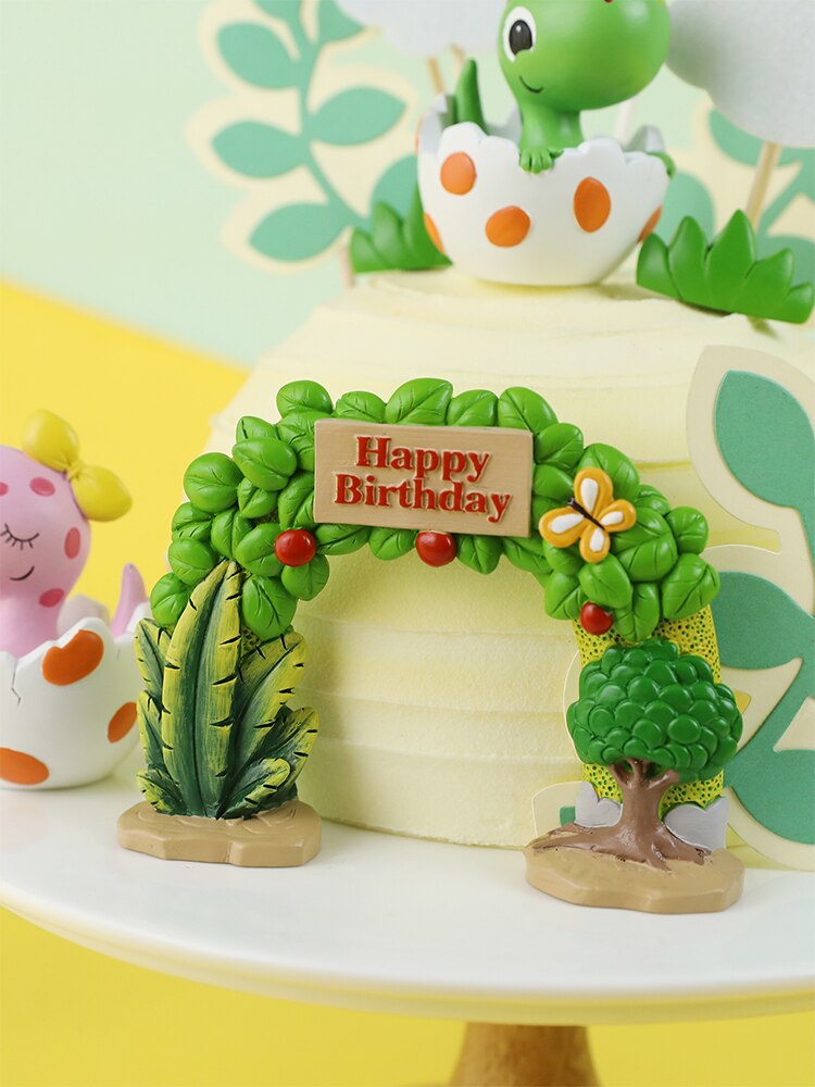 Söt äggskal dinosaurie tecknad baby dekoration lövsnöre archetree cake topper för barn födelsedagsfest tillbehör bakning