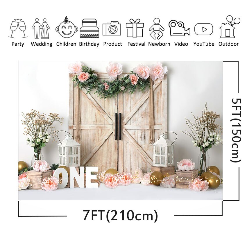 Mehofond – arrière-plan de photographie rose Floral, porte en bois pour fille, décoration de gâteau de fête de 1er anniversaire, accessoire de Studio Photo