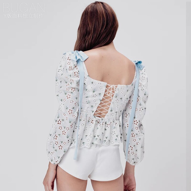 BOHO INSPIRED embroidered cherry eyelet blouse women shoulder bow lace-up back womens tops and blouses asymmetrical summer tops