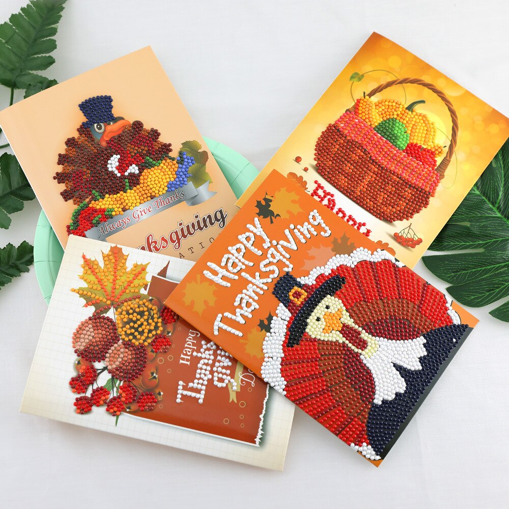 Thanksgiving Diamond Painting Greeting Cards Cartoon Full Round Greeting Card Xmas Home Decoration