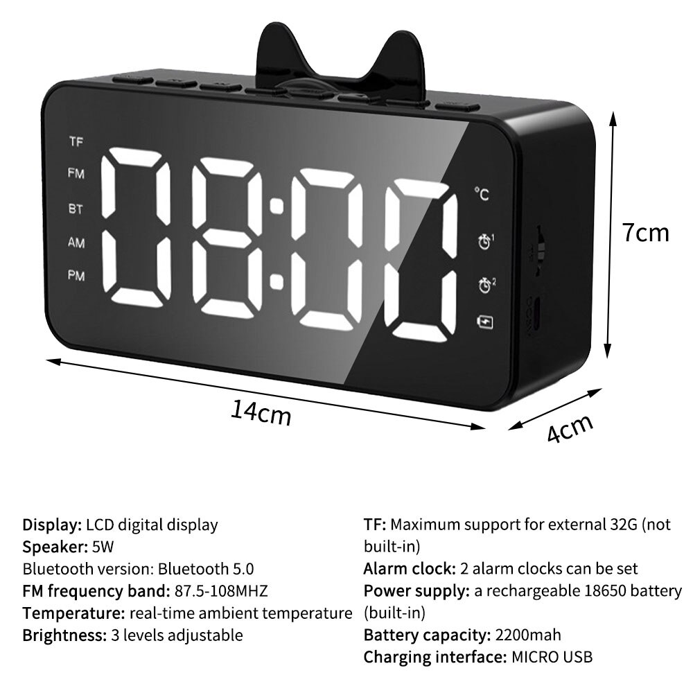 Multifunction LED Digital Dual Alarm Clock Bluetooth Speaker With FM Radio LED Mirror Wireless Music Player Snooze Temperature