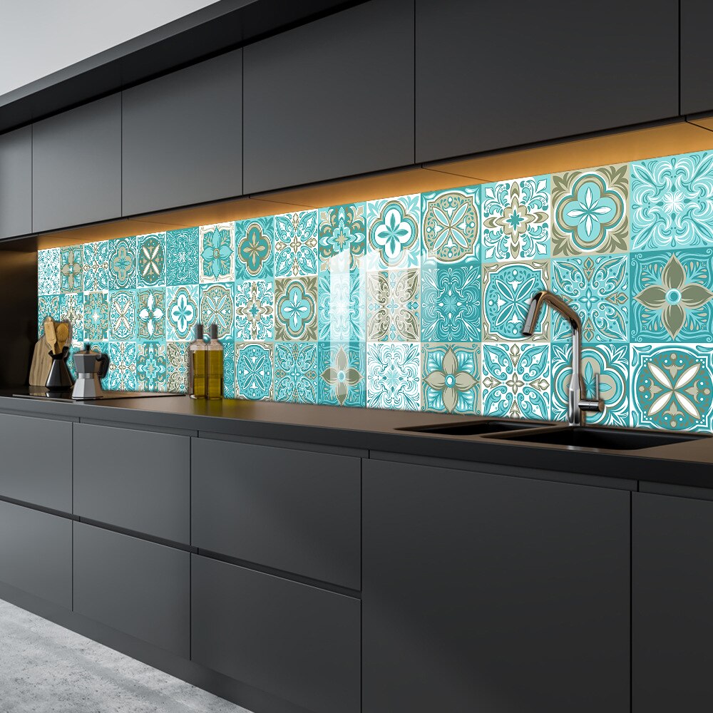 Blue & Green Strip Ceramic Wall Sticker Glossy Surface Kitchen Bathroom Stairs Wallpaper Waterproof Oil-proof Tiles Wall Decals