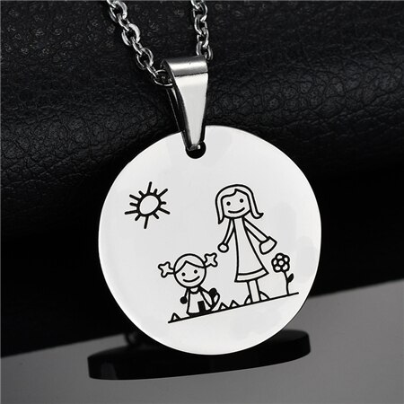 Lovely 316L Stainless Steel Family Necklace & Pendant For Mom Dad Son Daughter Love Cartoon Gold Color Link Chain Necklace: girl and mom silver