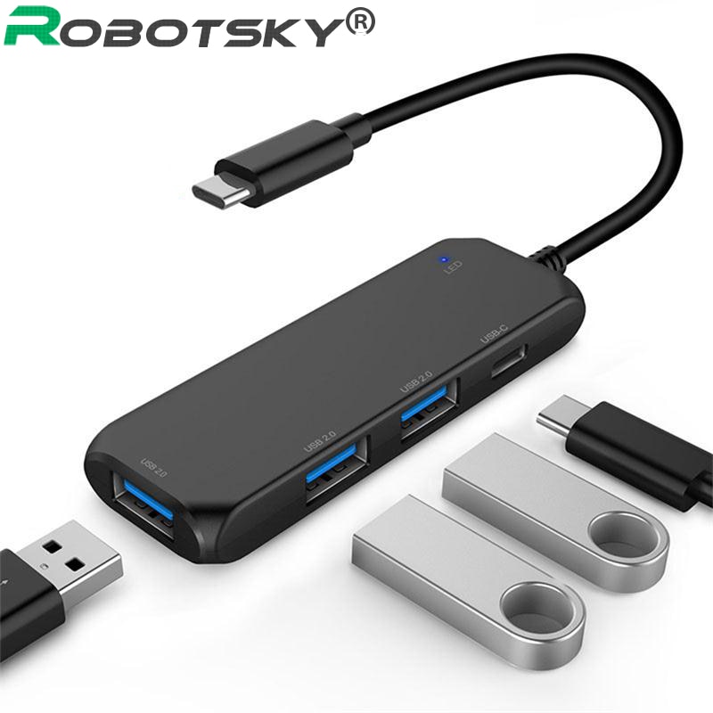 Robotsky Usb Type C Hub 4 Port Multi Usb 2.0 Adapter USB-C Hub Voor Tablet Notbook Mobiele Telefoon Type C hub Splitter