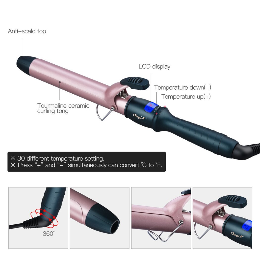 CkeyiN 25mm 32mm 38mm Hair Curler Ceramic Coating Deep Curling Wand Negative Ions Fast Heating Curling Iron for Dry and Wet Hair