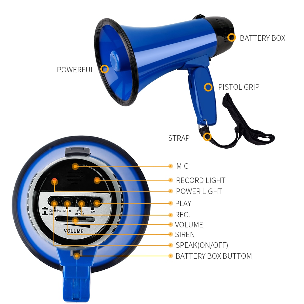 Haut-parleur Portable, puissance 20 watts, mégaphone, voix et sirène/alarme, enregistrement et lecture