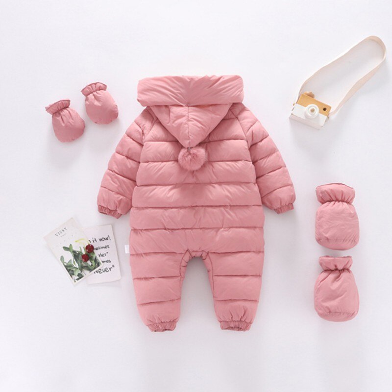 Piumino invernale con cerniera pagliaccetto ispessito per neonato invernale per ragazze ragazzi pompon tuta con cappuccio + guanti + calzino 0-24M