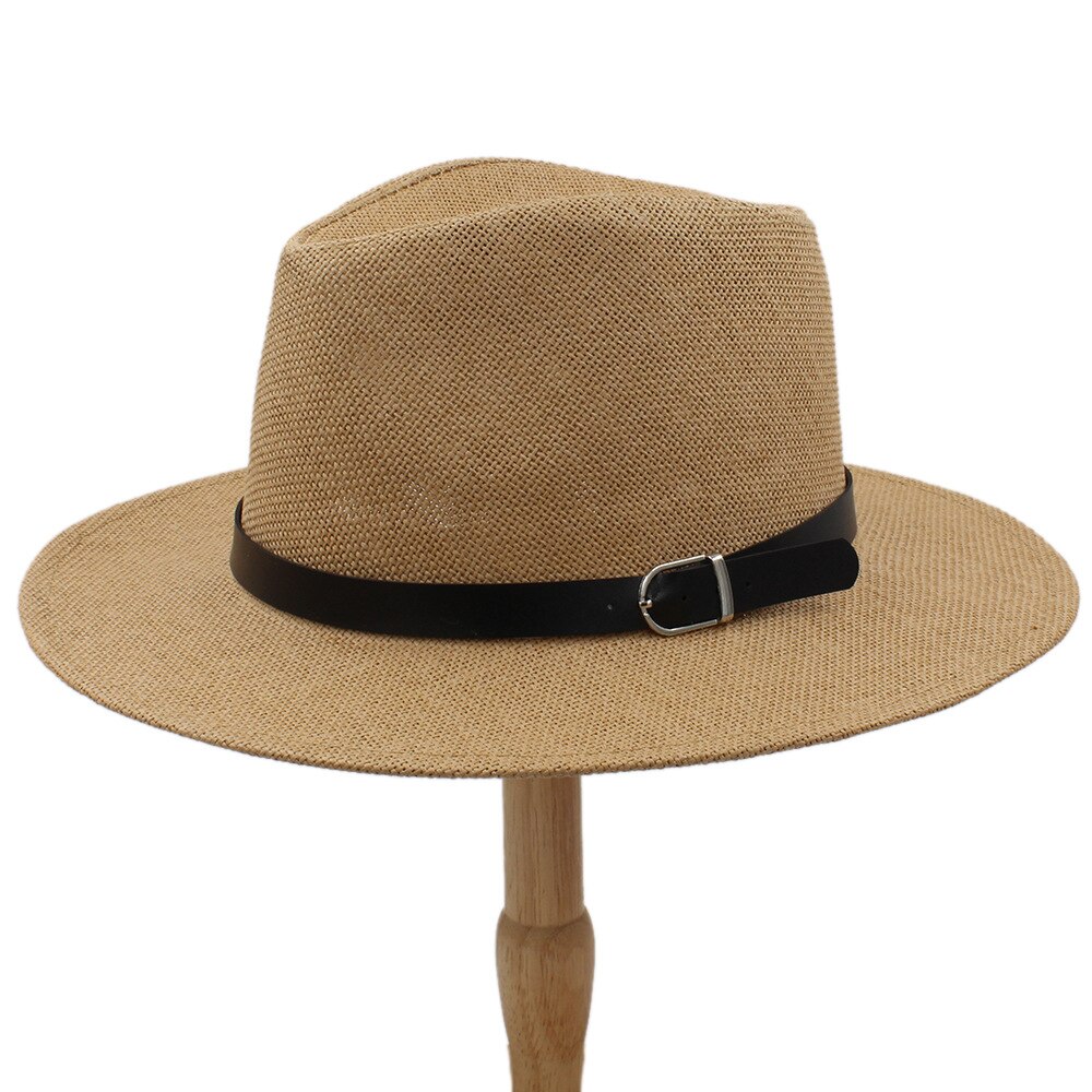 Women Men Straw Summer Sun Hat With Wide Brim Panama Hat For Beach Sunbonnet Sunhat With Belt Size 56-58CM: Light Coffee