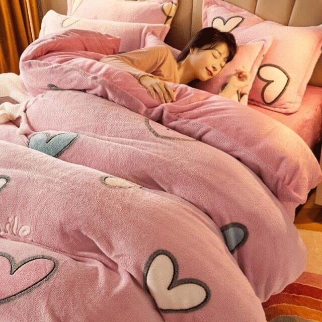 JUSTCHIC doux amour coeur imprimé parure de lit hiver flocon de neige velours épaissir housse de couette unique reine housse de couette + taie d'oreiller